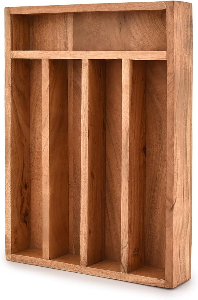Flatware Organizers Acacia Wood Silverware Organizer, Utensil Drawer Organizer for Cutlery 5 Slots for Flatware Cutlery Knives (14" X 10" X 2")