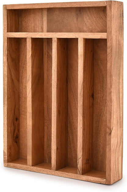 Flatware Organizers Acacia Wood Silverware Organizer, Utensil Drawer Organizer for Cutlery 5 Slots for Flatware Cutlery Knives (14" X 10" X 2")