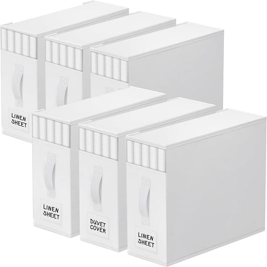 StorageTastic 6 Pack Bed Sheet Closet Organizers and Storage,Sturdy Foldable Storage Containers with Window and Label,Storage and Organization for Bedding Sheets,Duvet Covers,Blankets (White)