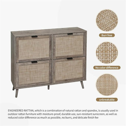ZeHuoGe Large Rattan Shoe Cabinet with 4 Flip Drawers, Large Shoe Organizer Storage Cabinet, Entryway Narrow Shoe Rack, for Entrance Hallway (4 Drawers)
