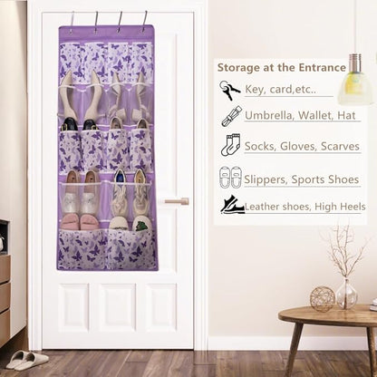 16 Pockets Over Door Hanging Storage Organizer with 4 Kinds Pouches for Shoes,Sock,Hat,Underwear,Handbag,Cosmetics,Toiletry,Behind Door Hanging Shelf Space-saving for Bathroom,Bedroom,Entrance,Purple