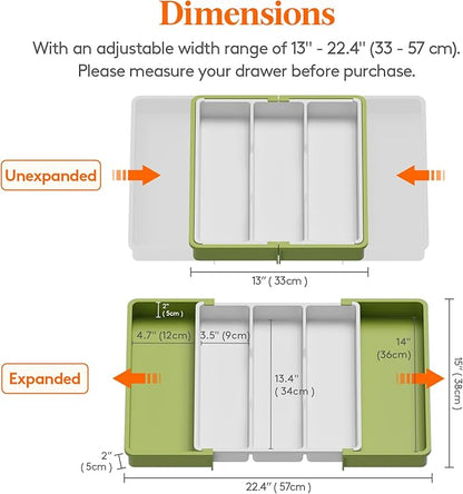 Lifewit Utensil Organizer for Kitchen Drawers, Expandable Cooking Utensil Tray, Adjustable Cutlery Silverware Flatware Holder, Plastic Spatula Tools Storage Divider, 13-22 x 15", Green&White