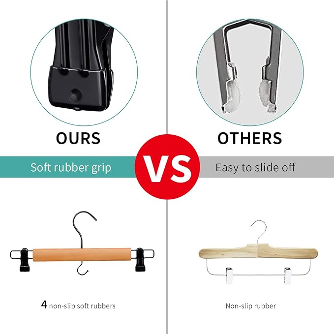Premium Wooden Pants Hangers 10 Pack, Skirt Hangers with Two Sure Grip Clips, Noise Canceling Swivel Hook (Clear Natural)