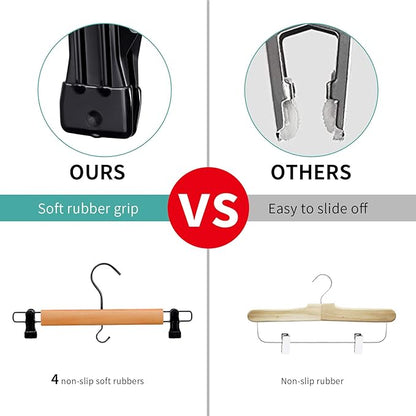 Premium Wooden Pants Hangers 10 Pack, Skirt Hangers with Two Sure Grip Clips, Noise Canceling Swivel Hook (Clear Natural)