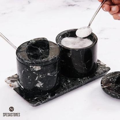 Marble Salt Cellar Black 4 Inch Salt Jar with Lid, Table Salt Containers for Countertop, Salt Dish, Salt Holder, Spice Jars, Sugar Bowl, Seasoning Container Set of 2, Salt Dispenser