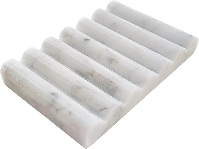 White Marble Soap Dish, Stone Self Draining Soap Holder, Sponge Holder for Bathroom, Sink, Kitchen, Jewelry Ring Dish (Carrara White)