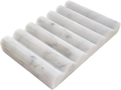 White Marble Soap Dish, Stone Self Draining Soap Holder, Sponge Holder for Bathroom, Sink, Kitchen, Jewelry Ring Dish (Carrara White)