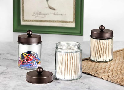 Amolliar 4Pc Apothecary Jars Bathroom Vanity Storage Organizer Set -Countertop Canister with Stainless Steel Lids &Cute Stickers - Qtip Dispenser Holder for Qtips,Cotton Swabs,Makeup Sponges (Bronze)