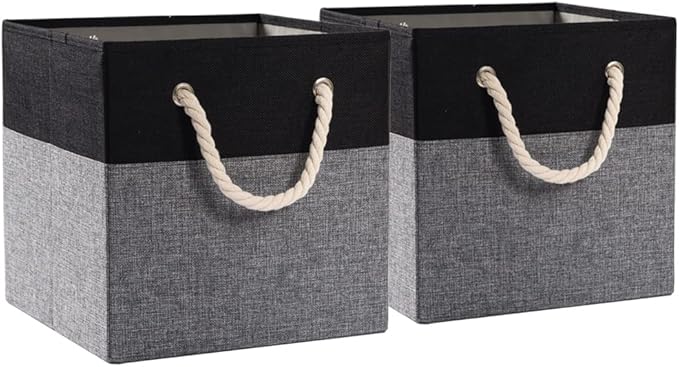 PRANDOM Large Foldable Cube Storage Bins 13x13 inch [2-Pack] Fabric Linen Storage Baskets Cubes Drawer with Cotton Handles Organizer for Shelves Nursery Closet Bedroom Black