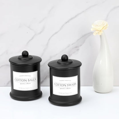 Volisnova 2 Pack Farmhouse Apothecary Jars with Lids - Glass Qtip Dispensers and Cotton Ball Holders for Bathroom Vanity Storage and Organization with 8 Pcs Wterproof Labels (Black Glass)