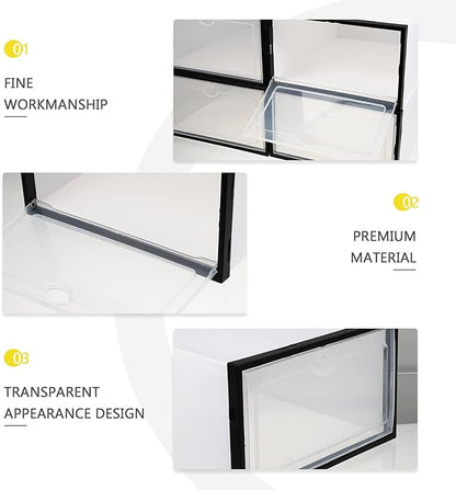Men's Shoe Storage Boxes 4 Pack Plastic Storage Bins Black Frame for Home Sturdy and Space-saving