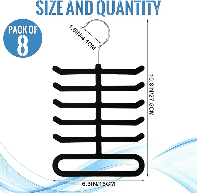 Kathfly 8 Pcs Tie Hanger Organizer, Non-Slip Velvet Closet Rack with 360° Swivel Hook, Space Saving, Holds Ties Belts & Scarves, Durable Multi-Layer Hanger for Closet, Black Flocked