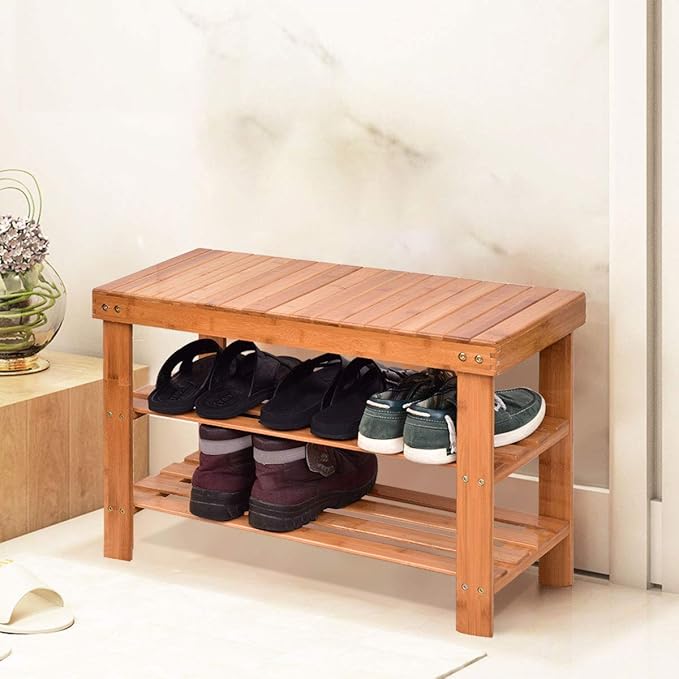 GOFLAME Shoe Bench Rack, 2-Tier Bamboo Seat Storage Shelf, Free Standing Shoe Storage Bench with Stylish and Modern Design, Shoe Organizer for Décor Entryway, Hallway, Living Room, Bathroom (Natural)