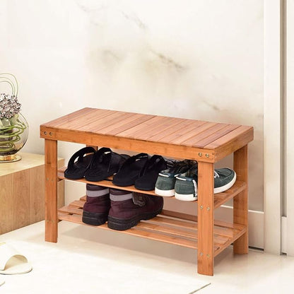 GOFLAME Shoe Bench Rack, 2-Tier Bamboo Seat Storage Shelf, Free Standing Shoe Storage Bench with Stylish and Modern Design, Shoe Organizer for Décor Entryway, Hallway, Living Room, Bathroom (Natural)