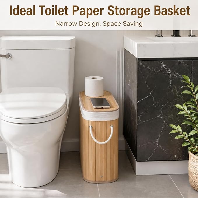 Large Bamboo Toilet Paper Basket with Lid, Holds 12 Mega Rolls, Eco-Friendly Bamboo Toilet Paper Holder, Easy to Install, Bathroom & Kitchen Storage Organizer