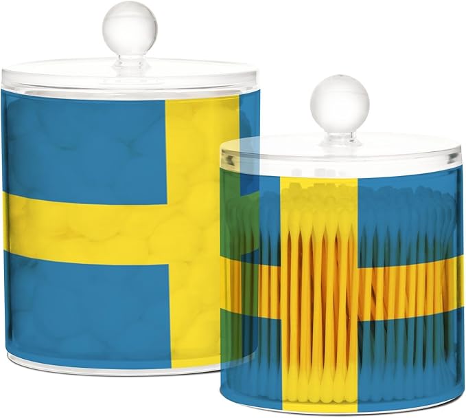 DOMIKING Sweden Flag 2 Pack Bathroom Canisters Cotton Swab Holder Dispenser Plastic Cotton Ball Jar Acrylic Storage Containers for Cotton Ball Cotton Swab Cotton Round Pads