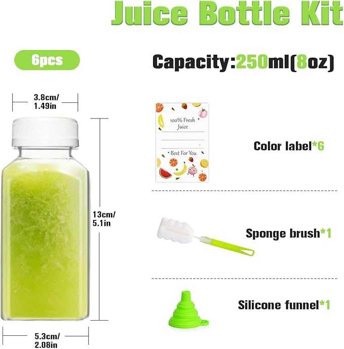 6PCS 8oz Reusable Plastic Juice Bottles with White Tamper Proof Lids, Brush, Funnel & Labels - Clear Juice Containers for Juicing, Smoothies & Homemade Beverages