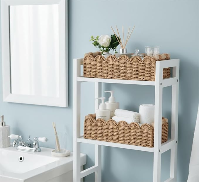 CubesLand Bathroom Basket Organizer, Toilet Tank Paper Storage Baskets 2-Pack, Scalloped Decorative Basket for Countertop w/Handle, Wicker Basket for Bathroom Decor, Home Decor, Living Room, Neutral