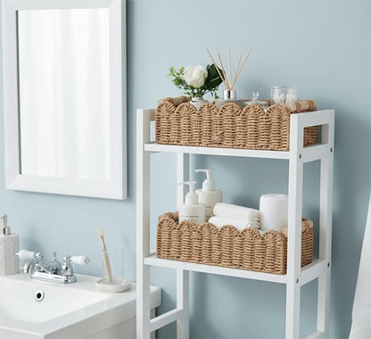 CubesLand Bathroom Basket Organizer, Toilet Tank Paper Storage Baskets 2-Pack, Scalloped Decorative Basket for Countertop w/Handle, Wicker Basket for Bathroom Decor, Home Decor, Living Room, Neutral