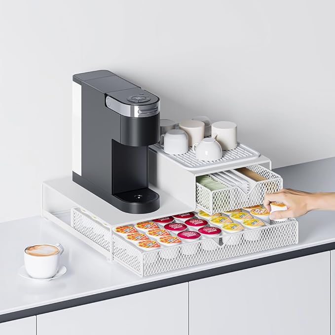K Cup Organizer for Countertop - Solid Metal 60 Coffee Pod Holder Storage Drawer, Reinforced Steel Stand Compatible with Keurig K-Cup Pods, Anti-Vibration & No-Sag Design, No Assembly Required (White)