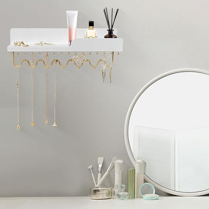 29 Hooks Wall Mount Necklace Holder Organizer, White Decorative Wood Jewelry Shelf with Gold Metal Wave Bar and Guardrail for Necklace, Pendant, Chain, Bracelet, White