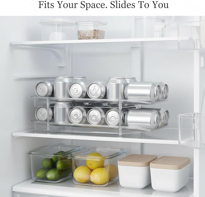 Retractable Can Organizer, Adjustable Width Sliding Beverage Dispenser for Refrigerator and Pantry, Clear Plastic