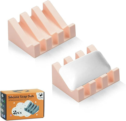 Self Draining Soap Dish Holder,Silicone Soap Dish,for Bathroom,Kitchen, Sponges，Can Extend Soap Life，Keep Soap Bars Dry and Easy Cleaning (Pink,2-Pack)