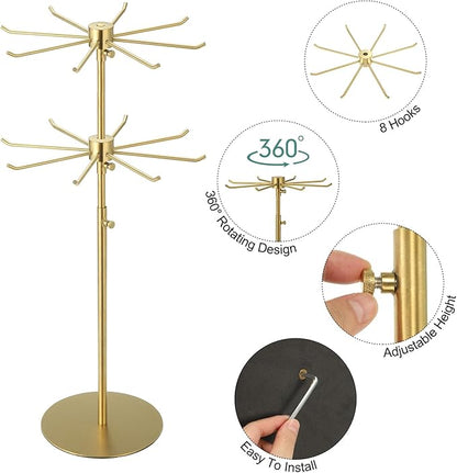 uxcell Keychain Display Stand, 1Pcs - Metal 2-layer Rotating Jewelry Display Stand with 8 Hook, Adjustable Display Rack for Necklace Craft Shows (Gold)