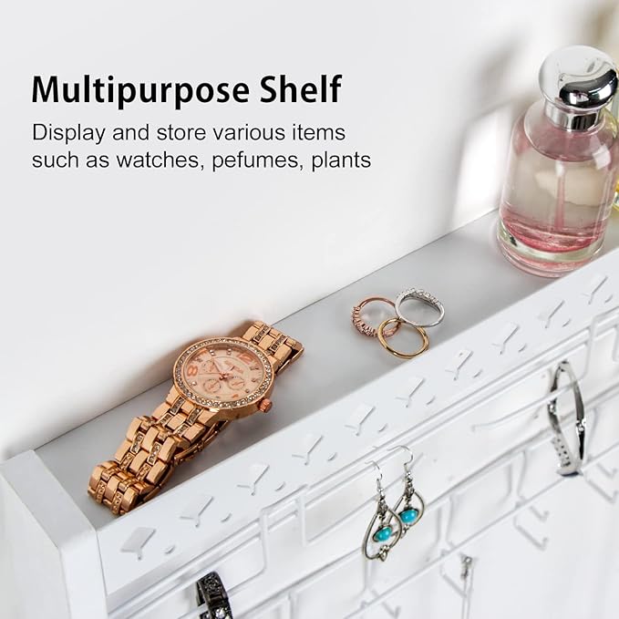 JackCubeDesign - Wood Wall Mount Jewelry Organizer with Metal Hooks for Necklaces, Ring, Earrings (White Wood) - MK460C