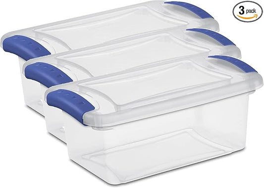 (3 pack) 7 Quart Small Latching Storage Bin, Clear Plastic Storage Container with Latch Lid, Blue – Stackable, Durable Organizer for Home, Office
