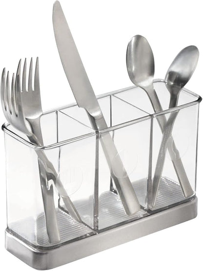 mDesign Cutlery Holder Modern Cutlery Basket for The Kitchen Table, Pantry or Cupboard Kitchen Storage with 3 Compartments Clear/Chrome