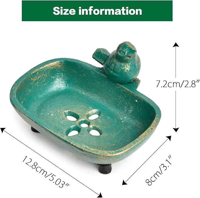 Sungmor Heavy Duty Cast Iron Hand Soap Holder - Lovely Bird Shaped & Antique Green Finish - Decorative Tabletop Soap Dish Tray for Kitchen Bathroom Sink - Practical Bath Soap Box Container