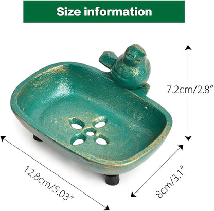 Sungmor Heavy Duty Cast Iron Hand Soap Holder - Lovely Bird Shaped & Antique Green Finish - Decorative Tabletop Soap Dish Tray for Kitchen Bathroom Sink - Practical Bath Soap Box Container