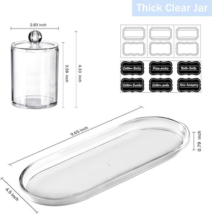Qtip Holder Bathroom Set with Tray(4PCS) - 3 Pack Acrylic Plastic Apothecary Jars Qtip Dispenser Canister with Lid and Labels, 1 Pack Bathroom Vanity Tray, for Cotton Ball, Cotton Swab(Clear)
