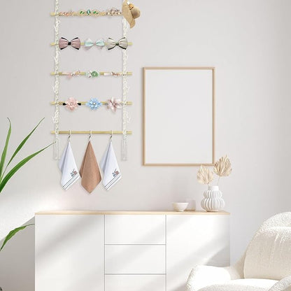 Macrame Claw Clip Organizer with Hooks, Hanging Hair Clip Holder and Storage for Women Girls, Wall, Door, Closet