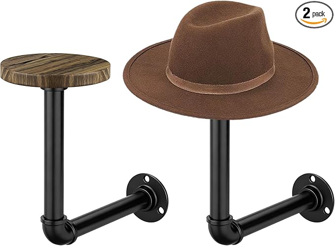 2PCS Metal Pipe Cowboy Hat Rack Wall Mount, Wooden Western Rustic Metal Hanger, Wall Mounted Helmet Holder for Multifunctional Display Hanger Stand for Cap Wig Hats, Fedora, Sun Hats