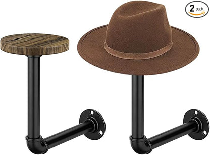 2PCS Metal Pipe Cowboy Hat Rack Wall Mount, Wooden Western Rustic Metal Hanger, Wall Mounted Helmet Holder for Multifunctional Display Hanger Stand for Cap Wig Hats, Fedora, Sun Hats
