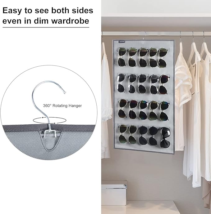 Dual Sided Hanging Sunglasses Organizer Wall Mounted Glasses Rack Storage Eyeglasses Holder Eyewear Display Case with 40 Slots (40 Slots-Grey)