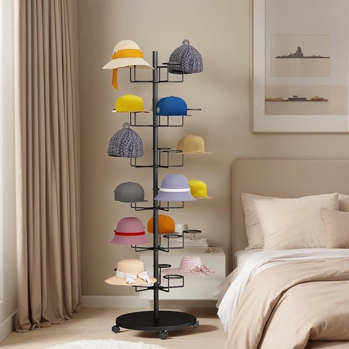 Standing Hat Rack Stand, Cowboy Hat with 30 Hooks, 6 Tier Metal Hat Organizer, Floor Hat Display for Home Store Vendors(Black,6 Tier)