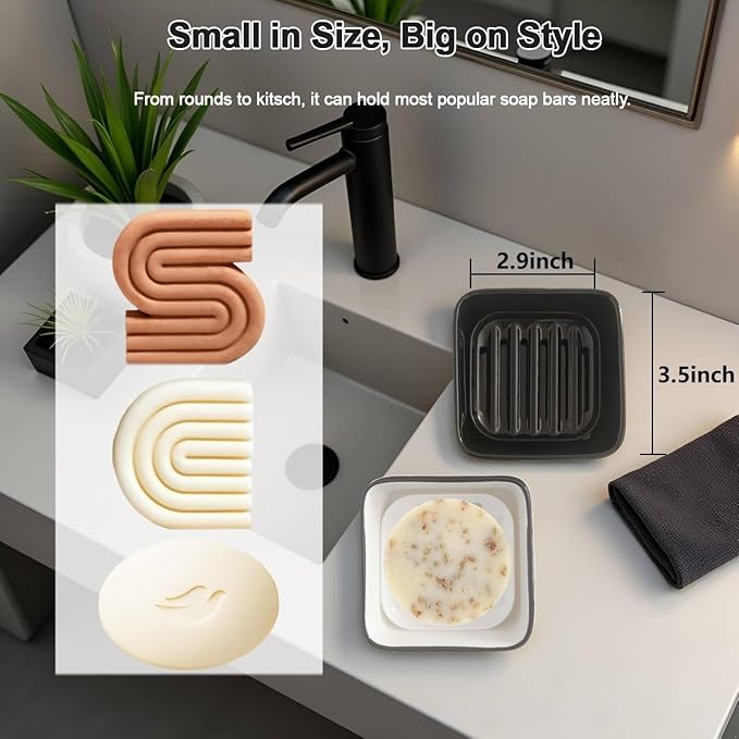 Ceramic Soap Dish, Square Shower Case with Drain Grid, Compact Bathroom Soap Holder for Sink Countertop, Decorative Ceramic Soap Saver Tray, Dish for Liquid or Bars (Black)