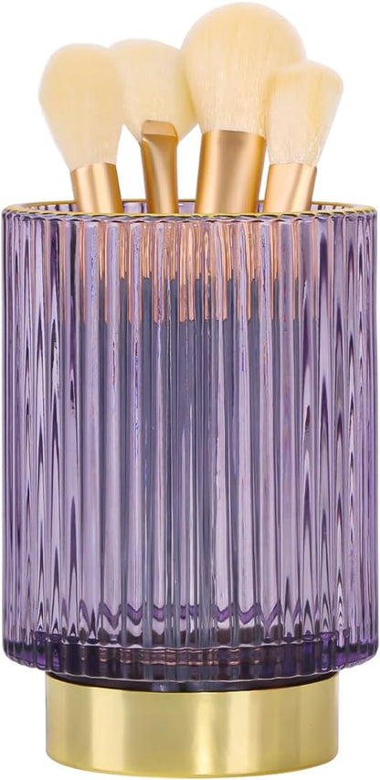 Glass Makeup Brush Holder, Purple Makeup Brush Holder for Vanity, Toothbrush Holders for Bathrooms, Desktop Makeup Organizer for Cosmetic, Brushes, Pen, Pencil
