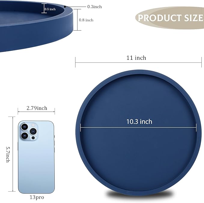 Silicone Bathroom Tray Round Vanity Tray Decorative Soap Holder Kitchen Countertop Organizer Coffee Table Decor for Candle, Perfume, Plant, 11 Inch, Dark Blue