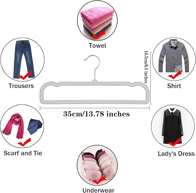 Velvet Pant Hangers, 20pcs Heavy Duty Flocked Trouser Hangers with Non-Slip Bar, 35cm(L) Adult Clothes Hanger with Swivel Hook, Slim Felt Jean Hangers for Shorts, Dress, Scraf, Bar (Grey-Silver)