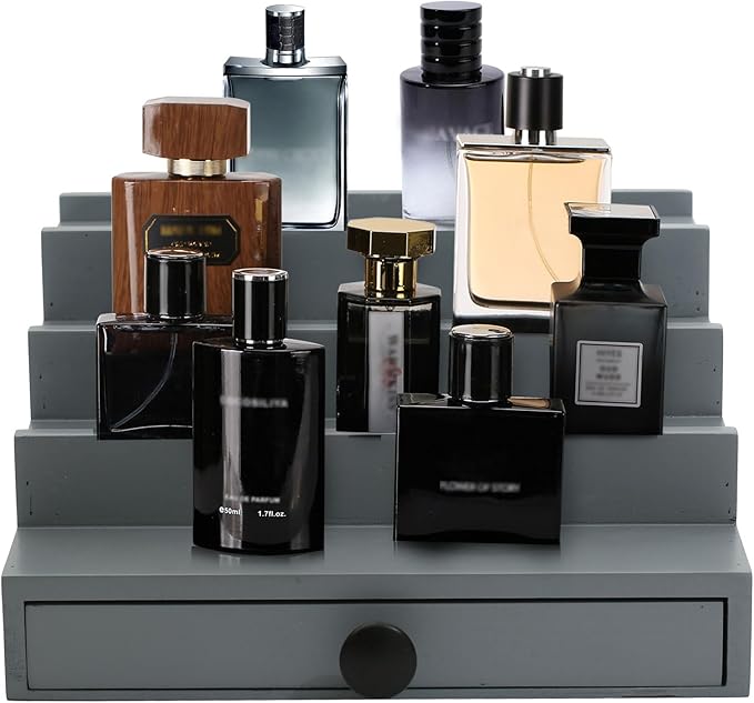 Cologne Organizer for Men - 4 Tier Wooden Grey Cologne Display Stand with Drawer and Hidden Compartment, Mens Cologne Perfume Holder Shelf for Organizing and Storing
