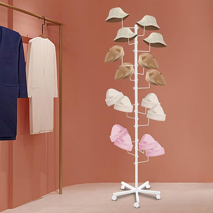 Hat Rack with 16 Circular Hooks, Metal Hat Display Stand, Freestanding Rotating Hat Stand, Adjustable Large Hats Display Rack, Modern Floor Wig Rack for Home Retail Store (White)