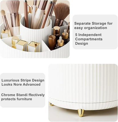360 Degree Rotating Makeup Brush Holder Organizer Detachable Design 5 Slot Make up Brushes Cup for Cosmetics and Pencil Pen Organizer for Desk Makeup Organizer Skincare Storage for Vanity（Cream）