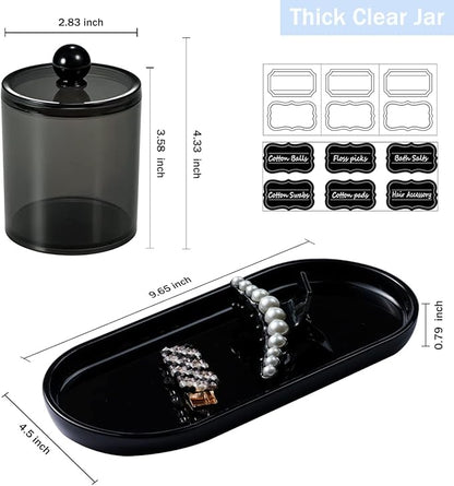 Qtip Holder Bathroom Set with Tray(4PCS) - 3 Pack Acrylic Plastic Apothecary Jars Qtip Dispenser Canister with Lid and Labels, 1 Pack Vanity Tray, for Cotton Ball, Cotton Swab (Black)