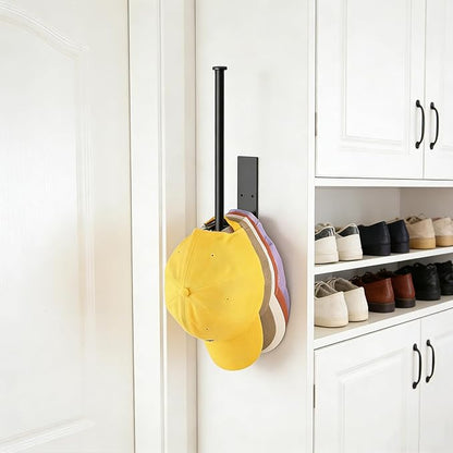 HUFEEOH Stainless Steel Wall-Mounted Hat Rack Organizer, Black Baseball Cap Hanger with Adhesive and Drill Mounting, Space-Saving Cap Holder for Kitchen, Entryway, Laundry Room