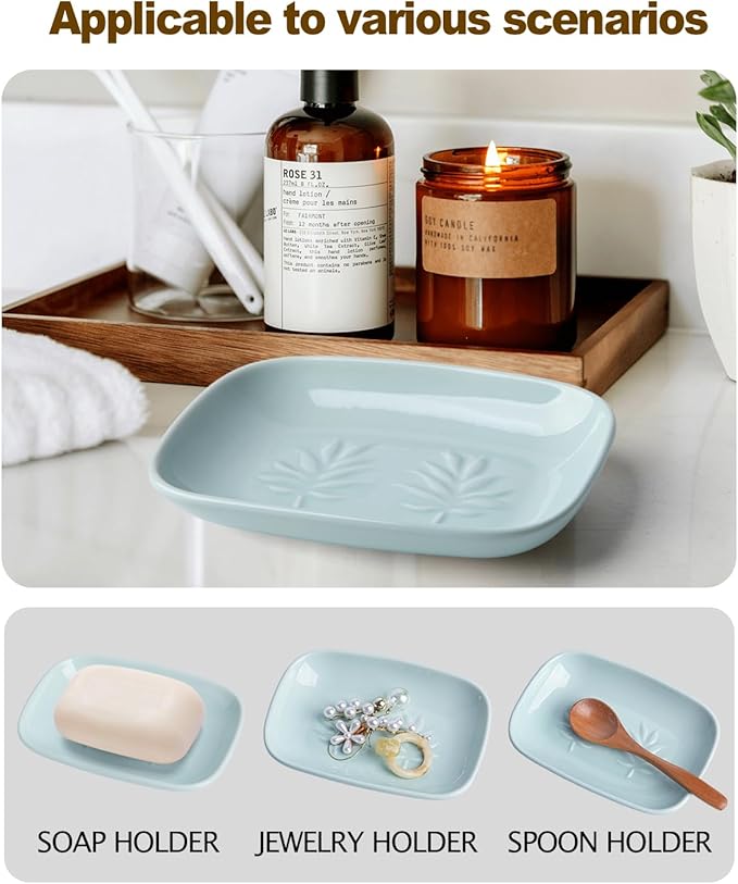 Ceramic Soap Dish for Bathroom and Kitchen, Non-Slip Bar Soap Holder with Fast Drain Design, Soap Saver Tray for Sink,Azure