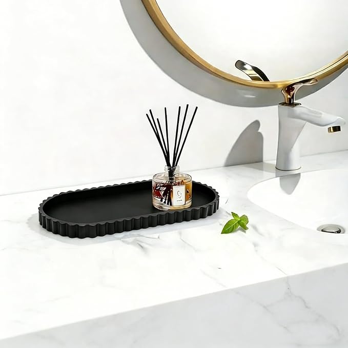 Black Oval Silicone Bathroom Vanity Tray - Decorative Soap Holder, Countertop Organizer for Kitchen/Bathroom/Coffee Table - Storage for Candle, Perfume, Jewelry Decor,Small Plant & Toiletries